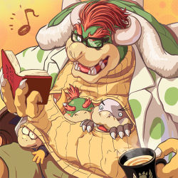 Rule 34 | 4boys, alternate costume, bespectacled, book, bowser, bowser jr., claws, coat, cup, father and son, formal, glasses, horns, lemmy koopa, male focus, mario (series), masa (bowser), morton koopa jr., multiple boys, musical note, nintendo, open-chest sweater, red hair, suit, super mario bros. 1, sweater