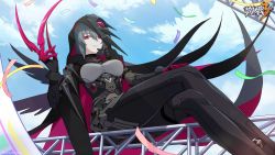 Rule 34 | 1girl, black bodysuit, bodysuit, clawed gauntlets, claws, confetti, day, grey hair, highres, honkai (series), honkai impact 3rd, hood, hood up, looking at viewer, mole, mole under mouth, official art, outdoors, pink eyes, raven (honkai impact), short hair, sitting, smile