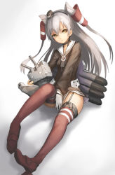 Rule 34 | 10s, 1girl, amatsukaze (kancolle), brown eyes, covering crotch, covering privates, dress, garter straps, hair tubes, kantai collection, long hair, looking at viewer, rensouhou-kun, revision, sailor dress, school uniform, serafuku, short dress, silver hair, sitting, striped clothes, striped thighhighs, taba comya, thighhighs, twintails, two side up, very long hair, zettai ryouiki