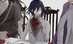Rule 34 | 3boys, absurdres, black hair, blood, blood on clothes, brown hair, brown jacket, chair, checkered clothes, checkered scarf, closed eyes, collared shirt, commentary request, cup, danganronpa (series), danganronpa v3: killing harmony, dress shirt, drinking glass, eating, flower, fork, glass, gokuhara gonta, grey background, hair between eyes, head out of frame, highres, holding, holding fork, holding knife, iumi urura, jacket, jacket on shoulders, knife, long hair, long sleeves, male focus, messy hair, momota kaito, multiple boys, necktie, oma kokichi, red flower, scarf, shirt, sitting, smile, spider lily, table, upper body, wine glass, wooden chair, yellow neckwear