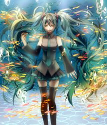Rule 34 | 1girl, aqua eyes, aqua hair, bad id, bad pixiv id, breath, bubble, detached sleeves, fish, floating hair, hatsune miku, long hair, looking at viewer, open mouth, skirt, smile, solo, thighhighs, tsukioka tsukiho, twintails, underwater, very long hair, vocaloid