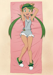 Rule 34 | 1girl, :d, absurdres, armpits, arms up, bare legs, blush, commentary request, creatures (company), eyelashes, full body, game freak, green eyes, green footwear, green hair, grey overalls, headband, highres, knees, legs, long hair, looking at viewer, lying, mallow (pokemon), miraa (chikurin), nintendo, on back, open mouth, overalls, pokemon, pokemon sm, shoes, smile, solo, sweat, swept bangs, teeth, tongue, twintails, upper teeth only