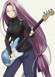 Rule 34 | 00s, 1girl, bass guitar, casual, fate/stay night, fate (series), glasses, guitar, instrument, long hair, low-tied long hair, medusa (fate), medusa (rider) (fate), mizuki makoto, official alternate costume, solo, square pupils, very long hair