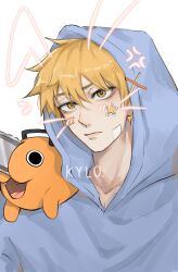 Rule 34 | 1boy, absurdres, anger vein, blonde hair, blue hoodie, blush, chainsaw man, closed mouth, creature, creature on shoulder, denji (chainsaw man), drawn ears, drawn whiskers, hair between eyes, highres, hood, hood up, hoodie, kyllooelo, looking at viewer, male focus, on shoulder, open mouth, pochita (chainsaw man), short hair, simple background, smile, sticker on face, upper body, white background, yellow eyes