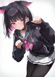 Rule 34 | 1girl, absurdres, animal ears, black hair, black jacket, black pantyhose, blue archive, blush, cat ears, closed mouth, colored inner hair, cowboy shot, embarrassed, green sailor collar, halo, highres, imsaibo3, jacket, kazusa (blue archive), long sleeves, looking at viewer, multicolored hair, pantyhose, paw pose, pink hair, pink halo, pleated skirt, red eyes, sailor collar, short hair, simple background, skirt, solo, white background, white skirt