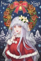 Rule 34 | 1girl, albino, bell, bow, bowtie, christmas, commentary request, flower, hand up, jingle bell, long hair, long sleeves, looking at viewer, merry christmas, nahori, nail polish, open mouth, original, pale skin, pine tree, pinecone, poinsettia, red eyes, red lips, santa costume, signature, snowflakes, solo, star ornament, tree, veil, white hair, wreath