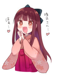 Rule 34 | 1girl, :d, black bow, blush, bow, brown eyes, brown hair, brown kimono, cherry blossom print, chiune (yachi), cropped legs, drooling, floral print, hair bow, hakama, hakama skirt, heart, heart-shaped pupils, interlocked fingers, japanese clothes, kimono, long hair, long sleeves, madenokouji asahi, mouth drool, open mouth, own hands clasped, own hands together, print kimono, purple bow, purple hakama, simple background, skirt, smile, solo, symbol-shaped pupils, translation request, tsumugu otome to taishou no tsuki, very long hair, white background, wide sleeves