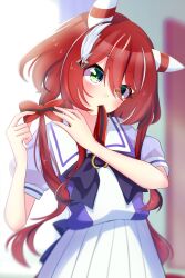 Rule 34 | 1girl, absurdres, adjusting hair, animal ears, blurry, blurry background, commentary request, green eyes, hair ornament, highres, horse ears, horse girl, horse tail, long hair, looking at viewer, low twintails, meineko lui, red eyes, ribbon, school uniform, solo, tail, tracen school uniform, twintails, umamusume, win variation (umamusume)