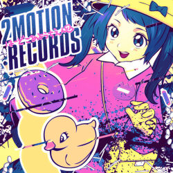 Rule 34 | 1girl, abstract background, album cover, album name, bag, blue eyes, blue hair, blush, child, commentary request, cover, doughnut, dutch angle, feet out of frame, food, hair ornament, hairclip, hand up, hat, kindergarten uniform, long hair, long sleeves, looking at viewer, nemo brand, open mouth, original, pill, pink shirt, rubber duck, school hat, shirt, shoulder bag, smile, solo, splatter, standing, swept bangs, twintails