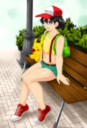 Rule 34 | 1boy, absurdres, androgynous, apple, ash ketchum, bad id, bad pixiv id, bare arms, bare legs, black hair, bulge, bush, cosplay, creatures (company), fingernails, food, fruit, full body, game freak, gen 1 pokemon, happy, highres, lips, looking at viewer, misty (pokemon), misty (pokemon) (cosplay), nintendo, open mouth, overalls, pikachu, pokemon, pokemon (anime), pokemon (classic anime), road, short hair, short shorts, shorts, sitting, smile, street, suiren ciao, trap