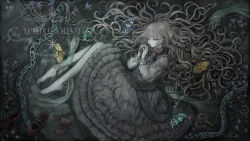 Rule 34 | 1girl, barefoot, bottle, bow, bowtie, brooch, bug, butterfly, commentary request, dress, expressionless, flask, full body, ghost hands, grey dress, grey hair, hair spread out, half-closed eyes, holding, holding bottle, insect, jewelry, lolita fashion, long hair, lying, on side, original, pale skin, pink eyes, round-bottom flask, solo, sumire shisei, unworn footwear, very long hair, wavy hair