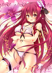 Rule 34 | 1girl, armlet, bikini, blush, breasts, brown eyes, cattleya (flower knight girl), choker, cowboy shot, flower, flower knight girl, gluteal fold, hair ribbon, huei nazuki, large breasts, long hair, looking at viewer, multicolored background, name connection, object namesake, orchid, pink background, red hair, ribbon, smile, solo, swimsuit, thighlet, twitter username, underboob, white bikini, yellow background