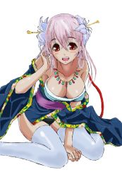 1girl bare_shoulders blush breasts chika_(keiin) cleavage flower flower_on_head hair_flower hair_ornament headphones highres jewelry large_breasts long_hair looking_at_viewer necklace nitroplus open_mouth panties pink_hair red_eyes smile solo super_sonico thighhighs underwear