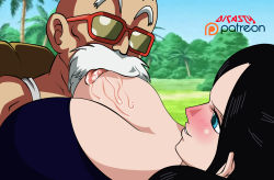 Rule 34 | 1boy, 1girl, age difference, artist name, bald, bare shoulders, beard, black hair, blue eyes, blush, breast sucking, breasts, cleavage, crossover, dicasty, dragon ball, facial hair, hetero, highres, large breasts, licking, long hair, looking at another, mustache, muten roushi, nico robin, nipples, nose blush, old, old man, one breast out, one piece, outdoors, palm tree, sky, smile, sunglasses, tree