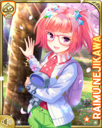 Rule 34 | 1girl, cherry blossoms, day, girlfriend (kari), glasses, green shorts, holding, jacket, nejikawa raimu, official art, open mouth, outdoors, pink-rimmed glasses, pink hair, pink shirt, purple eyes, qp:flapper, robot, shirt, shorts, smile, solo, standing, tagme, tree, twintails, white jacket