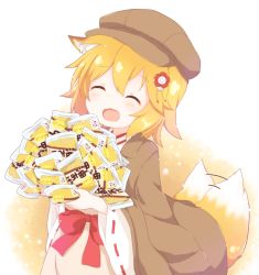 Rule 34 | 1girl, :d, ^ ^, afterimage, animal ear fluff, animal ears, apron, araki495, blonde hair, blush, bow, brown apron, brown coat, brown hat, cabbie hat, closed eyes, coat, coat on shoulders, commentary request, fang, flower, fox ears, fox girl, fox tail, hair between eyes, hair flower, hair ornament, hat, highres, japanese clothes, kimono, long sleeves, md5 mismatch, open mouth, red bow, red flower, resolution mismatch, ribbon-trimmed sleeves, ribbon trim, senko (sewayaki kitsune no senko-san), sewayaki kitsune no senko-san, smile, solo, source larger, tail, tail wagging, white kimono, wide sleeves