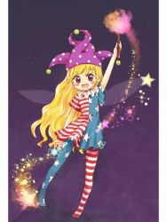 Rule 34 | 1girl, american flag dress, american flag legwear, blonde hair, blush stickers, clownpiece, fairy wings, gradient background, hand up, hat, jester cap, long hair, open mouth, pantyhose, purple eyes, rainbow order, smile, solo, space, sparkle, star (symbol), tona (nekotte), torch, touhou, very long hair, wings