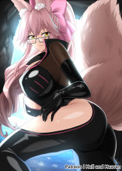Rule 34 | 1girl, animal ear fluff, animal ears, ass, backlighting, black bodysuit, blush, bodysuit, bow, breasts, cave, center opening, fate/grand order, fate (series), fox ears, fox girl, fox tail, glasses, hair between eyes, hair bow, hellandheaven, highres, hip vent, koyanskaya (assassin) (first ascension) (fate), koyanskaya (fate), large breasts, long hair, looking at viewer, pink bow, pink hair, ponytail, sidelocks, smile, solo, tail, tamamo (fate), thighs, yellow eyes