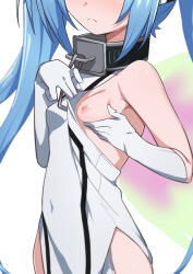 Rule 34 | 1girl, blue hair, breast focus, breasts, chain, collar, dress, elbow gloves, female focus, gloves, highres, long hair, morisobo, nipples, nymph (sora no otoshimono), one breast out, simple background, small breasts, solo, sora no otoshimono, twintails, very long hair, white background, white dress, white gloves, wings