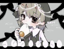 Rule 34 | 1girl, bandaid on ear, beret, black hat, black ribbon, blush, brown eyes, brown hair, character name, collared shirt, commentary request, cracked egg, egg, fish, flower, fried egg, grey background, hair flower, hair ornament, hair ribbon, hand up, hat, hatoba tsugu, hell piyo, holding, holding egg, lace, lace-trimmed ribbon, lace trim, letterboxed, looking at viewer, medium hair, mole, mole under eye, neck ribbon, raised eyebrows, ribbon, shirt, simple background, solo, sparkle, suspenders, tsugu (vtuber), upper body, virtual youtuber, white flower, white ribbon, white shirt