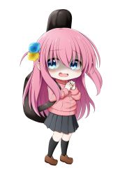 Rule 34 | 1girl, black skirt, black socks, blue eyes, bocchi the rock!, brown footwear, chibi, commentary request, full body, gotoh hitori, cube hair ornament, hair ornament, highres, instrument case, jacket, kuena, loafers, long hair, one side up, open mouth, pink hair, pink jacket, pleated skirt, shaded face, shoes, simple background, skirt, socks, solo, standing, track jacket, very long hair, wavy mouth, white background
