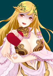 Rule 34 | 1girl, :d, aigis (sennen sensou aigis), bad id, bad pixiv id, bare shoulders, blonde hair, breasts, brown eyes, cleavage, collar, detached collar, gift, green background, heart, highres, large breasts, laurel crown, long hair, looking at viewer, miniru, navel, open mouth, red eyes, revealing clothes, sennen sensou aigis, shaded face, simple background, smile, solo