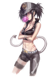 Rule 34 | 1girl, absurdres, beros, black hair, blood lad, bracelet, breasts, blowing bubbles, chewing gum, cleavage, crossed arms, hat, highres, infukun, jewelry, looking at viewer, medium breasts, midriff, navel, necklace, peaked cap, purple eyes, simple background, sketch, slit pupils, snake head tail, snake tail, solo, tail, twintails, white background, zhouran