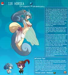 Rule 34 | 1boy, 1girl, blue background, creatures (company), english text, fins, game freak, gen 1 pokemon, hat feather, highres, horsea, kinkymation, long hair, looking at viewer, mermaid, monster girl, nintendo, no arms, pokemon, ponytail, red eyes, smile