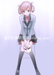 Rule 34 | 00s, 1girl, atlus, black skirt, black thighhighs, blue background, blue coat, blue eyes, blue skirt, blue thighhighs, blush, bow, bowtie, chair, coat, english text, gradient background, kayano megumi, loafers, looking at viewer, mask, miniskirt, niwatori kokezou, persona, persona trinity soul, pink hair, pleated skirt, red bow, red bowtie, shoes, short hair, simple background, sitting, skirt, solo, text focus, thighhighs