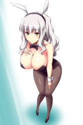 Rule 34 | 1girl, animal ears, breasts, cleavage, detached collar, fake animal ears, idolmaster, idolmaster (classic), large breasts, leotard, long hair, pantyhose, perspective, playboy bunny, rabbit ears, rabbit tail, shijou takane, silver hair, solo, tail, wakame, yellow eyes