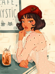 Rule 34 | 1girl, absurdres, artist name, beret, brick wall, brown eyes, brown hair, commentary, dark-skinned female, dark skin, dress, drinking straw, english commentary, from side, hat, highres, jar, judit mallol, looking at viewer, medium hair, original, red hat, red lips, see-through, see-through dress, see-through sleeves, signature, solo, table, upper body, white nails
