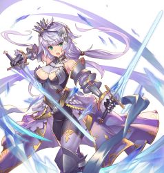 Rule 34 | 1girl, aqua eyes, armor, bare shoulders, belt, blush, breasts, crown, dual wielding, highres, holding, holding sword, holding weapon, light purple hair, long hair, open mouth, original, outstretched arm, simple background, solo, sword, takamine nadare, weapon, white background