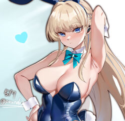 Rule 34 | 1girl, animal ears, aqua bow, aqua bowtie, armpits, blonde hair, blue archive, blue eyes, blue leotard, bow, bowtie, breasts, cleavage, detached collar, fake animal ears, hand on own hip, large breasts, leotard, long hair, looking at viewer, official alternate costume, paundo2, rabbit ears, solo, toki (blue archive), toki (bunny) (blue archive), twitter username