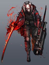 Rule 34 | 1boy, black jacket, blood, blood on clothes, bloody weapon, body armor, boots, chain paradox, commission, explosive, fire, flaming sword, flaming weapon, full body, gradient background, grenade, grey background, grey pants, hetza (hellshock), holding, holding weapon, horns, jacket, knife, looking at viewer, mask, pants, sheath, sheathed, skull mask, solo, sword, torn clothes, walking, weapon, white hair
