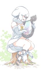 Rule 34 | 1girl, bare shoulders, black hair, bow, closed eyes, commentary request, elbow gloves, fur collar, fur trim, gladiator sandals, gloves, grey hair, harp, harp seal (kemono friends), highres, instrument, kemono friends, mitsumoto jouji, multicolored hair, music, one-piece swimsuit, open mouth, playing instrument, sandals, shirt, short hair, sitting, sleeveless, solo, spaghetti strap, swimsuit, tree stump, white gloves, white one-piece swimsuit, white shirt, yellow bow