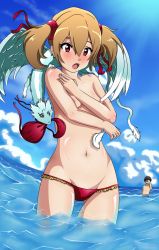 Rule 34 | 1boy, 1girl, bikini, blue sky, blush, breasts, brown hair, collarbone, covering privates, covering breasts, day, eyebrows, facing viewer, feet out of frame, frilled bikini, frills, groin, hair between eyes, hair ornament, hair ribbon, highres, navel, ocean, open mouth, outdoors, red bikini, red eyes, red ribbon, ribbon, shiny skin, short hair, silica, silica (sao-alo), sky, small breasts, standing, swimsuit, sword art online, teeth, twintails, unworn bikini, upper teeth only