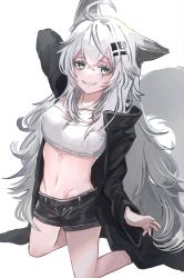 Rule 34 | 1girl, animal ears, arknights, arm up, bandeau, bare legs, black coat, black shorts, coat, collarbone, commentary, gawako, grey eyes, hair ornament, hairclip, highres, kneeling, lappland (arknights), long hair, long sleeves, looking at viewer, midriff, open clothes, open coat, parted lips, scar, scar across eye, scar on face, sharp teeth, shorts, silver hair, simple background, smile, solo, strapless, tail, teeth, tube top, white background, white bandeau, white tube top, wolf ears, wolf girl, wolf tail
