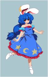 Rule 34 | 1girl, :d, animal ears, bare shoulders, blue dress, blue hair, crescent, crescent print, dress, earclip, full body, grey background, long hair, looking at viewer, lowres, moon rabbit, namako daibakuhatsu, open mouth, pixel art, puffy short sleeves, puffy sleeves, rabbit ears, red eyes, seiran (touhou), short sleeves, simple background, smile, socks, solo, star (symbol), star print, touhou, very long hair, white socks