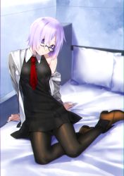 Rule 34 | 1girl, ankle boots, bare shoulders, bed, bed frame, bed sheet, black-framed eyewear, black dress, black pantyhose, boots, brown footwear, collared dress, dress, fate/grand order, fate (series), fujimon, full body, glasses, hair over one eye, head tilt, highres, indoors, jacket, long sleeves, looking at viewer, mash kyrielight, necktie, off shoulder, on bed, open clothes, open jacket, pantyhose, parted lips, pillow, pink hair, purple eyes, red necktie, short hair, sitting, solo, yokozuwari