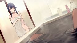 Rule 34 | 1boy, 1girl, arm at side, bathroom, blue hair, blurry, breasts, cleavage, closed mouth, covering privates, cowboy shot, depth of field, dutch angle, game cg, indoors, large breasts, mixed-sex bathing, naked towel, non-web source, nude cover, original, partially submerged, pov, purple eyes, shared bathing, sidelocks, smile, steam, towel, walzrj