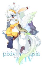Rule 34 | 1girl, animal ears, bag, blue eyes, blush, copyright name, earrings, furry, furry female, jewelry, kishibe, long hair, looking at viewer, open mouth, original, pixiv fantasia, pixiv fantasia 4, rabbit, scarf, simple background, smile, solo, tail, white background, white hair