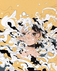 Rule 34 | 1girl, abstract, absurdres, black hair, expressionless, highres, limited palette, looking at viewer, orange eyes, original, sion 0d1m, solo, upper body, white hair