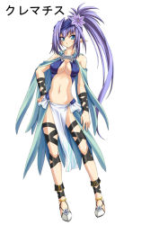 Rule 34 | 1girl, bare shoulders, blue eyes, breasts, elf, female focus, full body, gekato, hair ornament, large breasts, legs, loincloth, long hair, navel, original, pointy ears, purple hair, shoes, side ponytail, simple background, solo, standing, white background