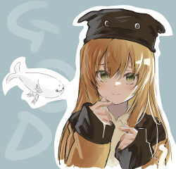 Rule 34 | 1girl, black headwear, black mouth, blonde hair, closed mouth, dainatsu, double-parted bangs, fish, green eyes, grey background, hair between eyes, hands up, light blush, long hair, long sleeves, looking at viewer, open mouth, original, outline, sacabambaspis, sidelocks, simple background, sleeves past wrists, smile, solo, split mouth, triangle mouth, upper body, white outline