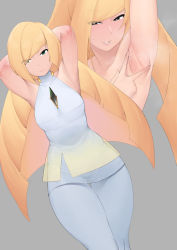 Rule 34 | 1girl, armpits, arms behind head, arms up, bare arms, blonde hair, breasts, closed mouth, creatures (company), dress, dutch angle, female focus, game freak, gradient background, green eyes, greyscale, groin, heart, heart-shaped pupils, highres, large breasts, legs, light smile, long hair, looking at viewer, lusamine (pokemon), moebell, mole, mole on armpit, monochrome, multiple views, naughty face, nintendo, parted lips, pokemon, pokemon sm, simple background, sleeveless, smile, spread armpit, standing, steaming body, sweat, symbol-shaped pupils, thigh gap, thighs, white dress