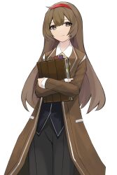 Rule 34 | 1girl, ascot, black pants, black vest, book, brown eyes, brown hair, closed mouth, cowboy shot, hairband, hakuou000, highres, holding, holding book, library of ruina, long hair, long sleeves, looking at viewer, malkuth (project moon), pants, project moon, red hairband, shirt, sidelocks, simple background, smile, solo, vest, white background, white shirt
