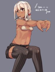 Rule 34 | 1girl, 2014, artist name, bikini, black thighhighs, blonde hair, brown eyes, dark-skinned female, dark skin, dated, food, garnet, grey thighhighs, highres, low twintails, mouth hold, navel, no shirt, original, pocky, pocky day, short hair, short twintails, simple background, sitting, sketch, solo, stretching, striped clothes, striped thighhighs, swimsuit, thighhighs, translated, twintails, vertical-striped clothes, vertical-striped thighhighs, white bikini