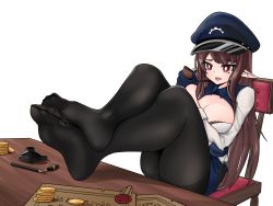 Rule 34 | 1girl, absurdres, breasts, brown hair, chair, cleavage, feet, hat, highres, large breasts, long hair, military hat, open mouth, pantyhose, smoking pipe, pointy ears, red eyes, sitting, soles, solo, table, toes, transparent background