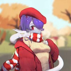 Rule 34 | 1girl, absurdres, beret, blue hair, blue skin, breath, colored skin, hair over one eye, hat, highres, jacket, leviathan (skullgirls), red eyes, scarf, side ponytail, skullgirls, solo, squigly (skullgirls), striped clothes, striped scarf, sweater, uchujin 416, upper body