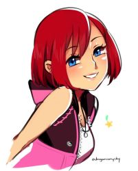 Rule 34 | 1girl, blue eyes, bob cut, commentary, cropped torso, d-ryuu, dress, english commentary, grin, jewelry, kairi (kingdom hearts), kingdom hearts, kingdom hearts iii, looking at viewer, necklace, red hair, short hair, simple background, sketch, sleeveless, sleeveless dress, smile, twitter username, white background